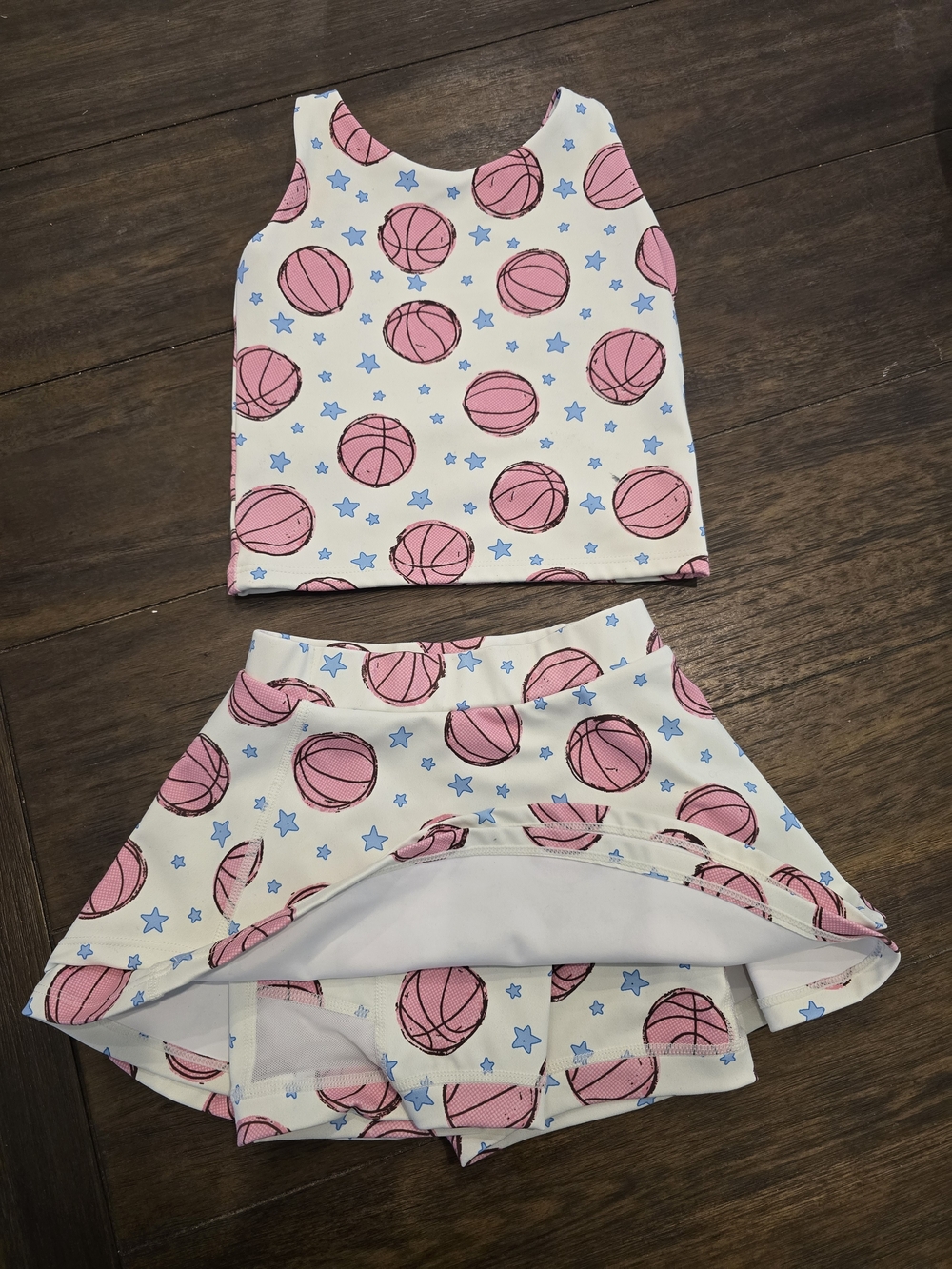 SweetHoney White Top and Skort Set with Pink Basketballs and Blue Stars